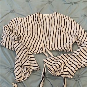 Privacy Please Stripped Tie Cropped Shirt